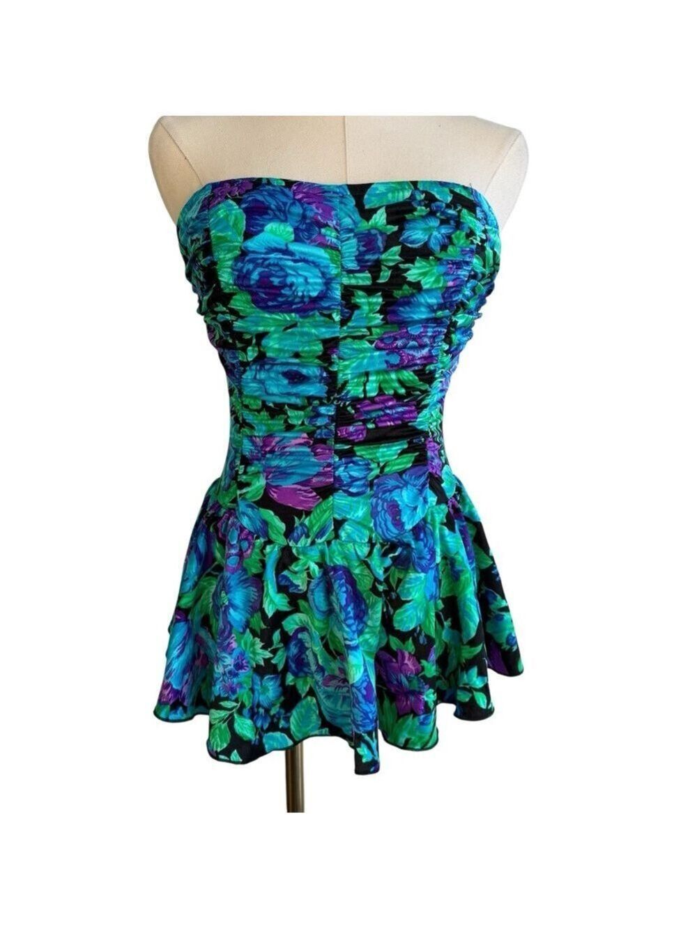 Vintage Maxine of Hollywood One Piece Bathing Suit M Floral Skirted Swimsuit USA